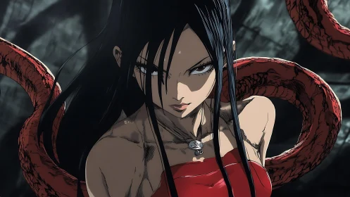 Vengeful dark siren wrapped in crimson demon tendrils.