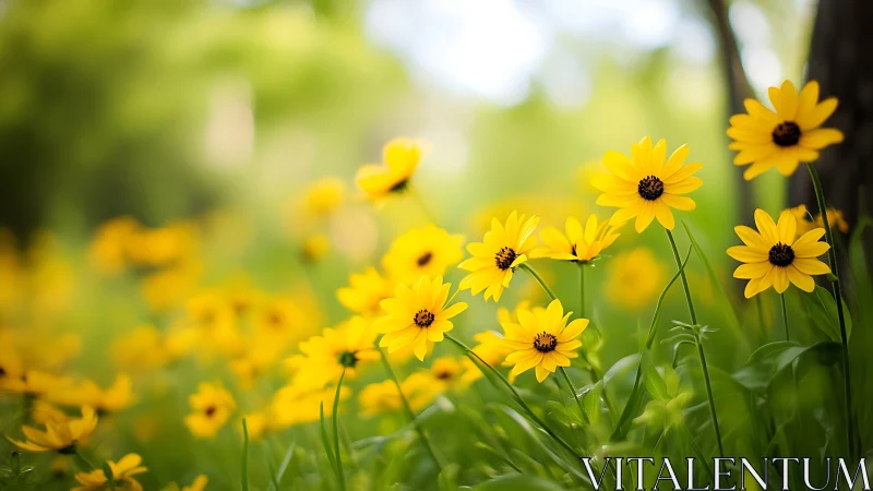 Yellow daisy flowers in shallow focus garden setting