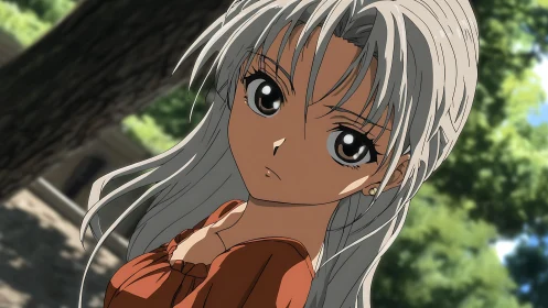 Silver haired anime girl gazes softly in sunlit park