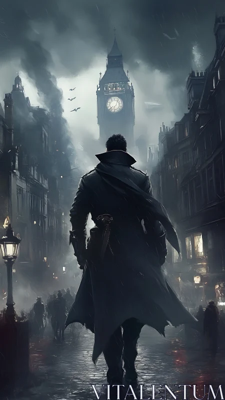 Figure in dark coat walking toward foggy clocktower scene.