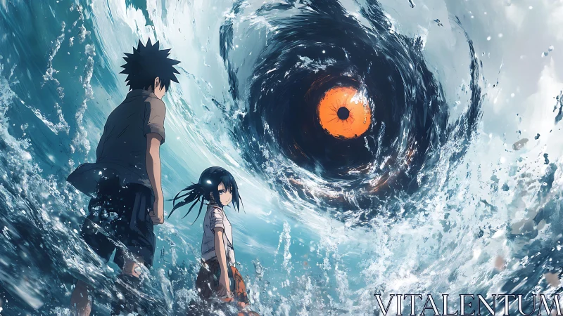 Two youths confront colossal vortex with glowing abyssal eye