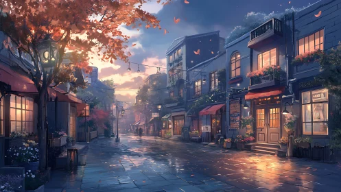 Street scene depicts wet cobblestone lane with lit shopfronts