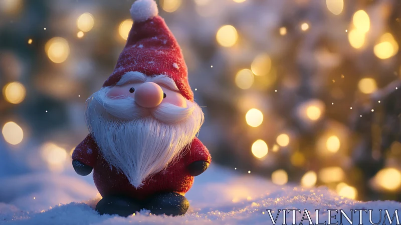 Small Santa figurine on snow with defocused festive lights.