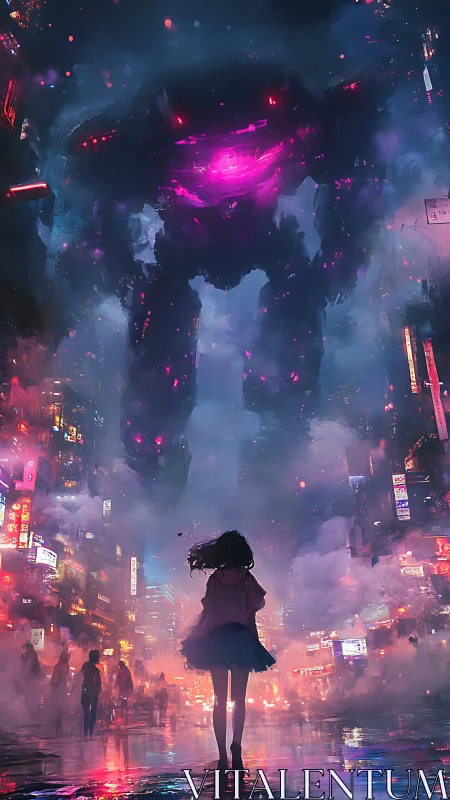 Cyberpunk megacity with neon mech and lone street silhouette.