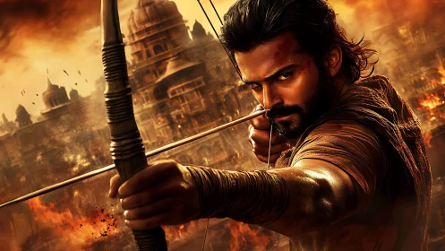 Warrior with drawn bow aims steady amid burning fortress