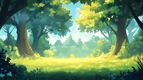 Sunlit Forest Clearing with Towering Trees and Yellow Foliage.