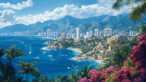 Coastal city skyline framed by mountains and foliage.