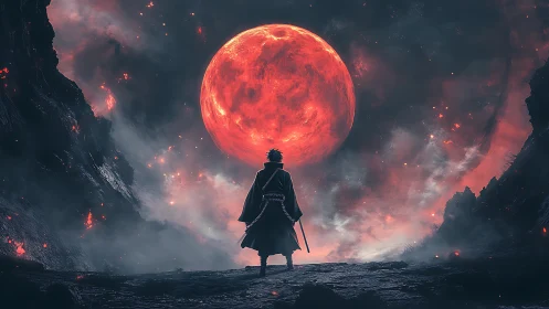 Lone warrior silhouetted before colossal crimson moon.