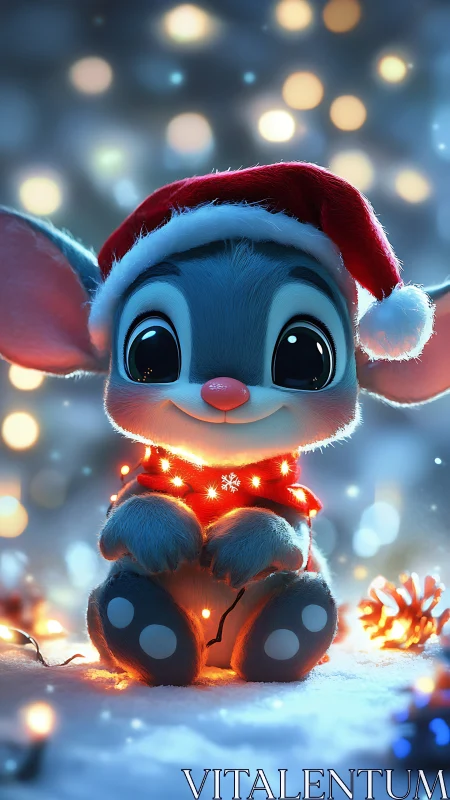 Cute blue creature wears Santa hat under soft lights