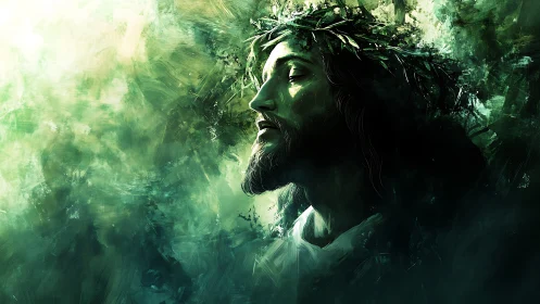 Crowned figure in emerald light, drifting toward quiet grace.