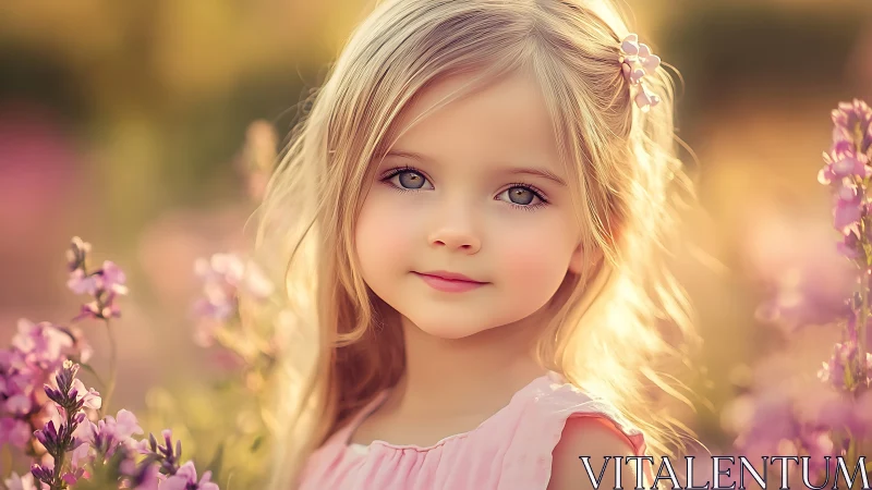 Young subject posed in floral field setting with warm atmospheric lighting.