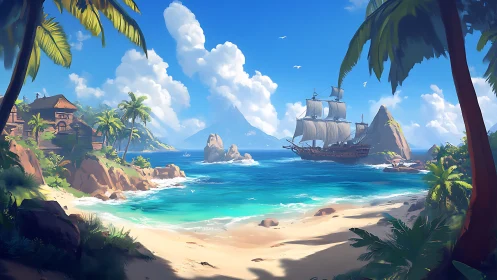 Tropical Cove Awakens: Sailship Arrives at Paradise Island