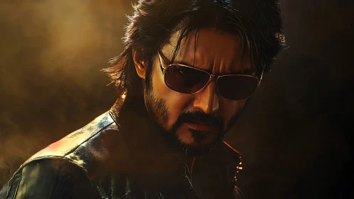 Man in dark sunglasses and leather jacket in warm light.