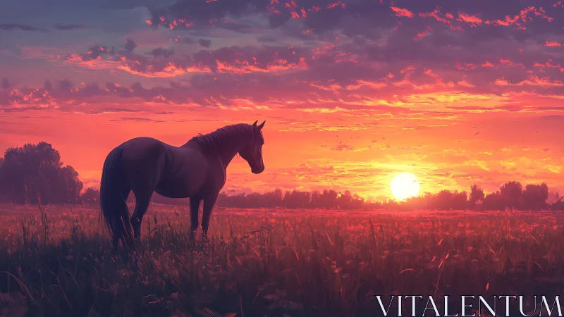 Solitary horse stands in glowing sunset meadow panorama