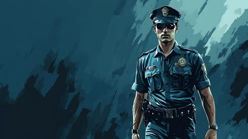 Police officer illustration in blue uniform and glasses.