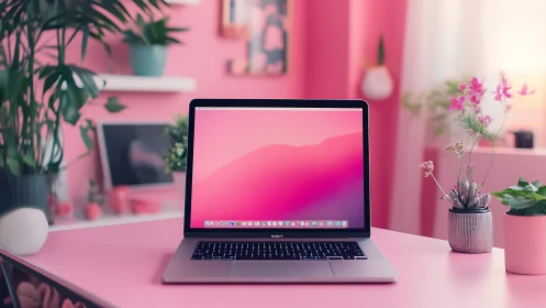 Aluminum laptop in monochrome pink workspace environment.