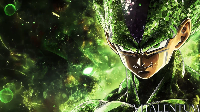 Green armored humanoid figure in cosmic abstract environment.