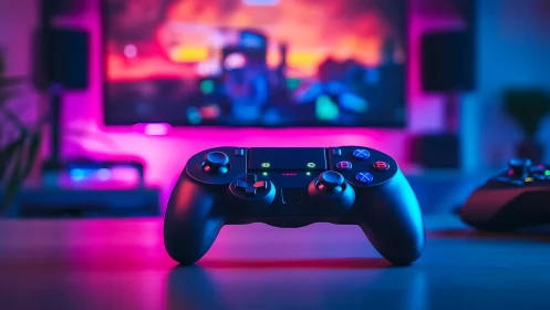 Dual analog gamepad under RGB ambient lighting on gaming desk