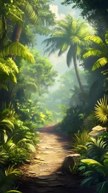 Tropical forest canopy pathway rendered with layered vegetation density