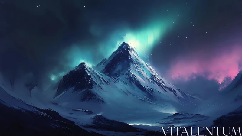 Glacial summit under luminous teal and magenta aurora sky.