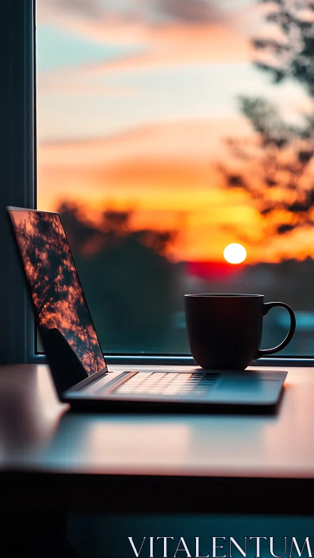 Backlit laptop and coffee cup frame a saturated sunset sky