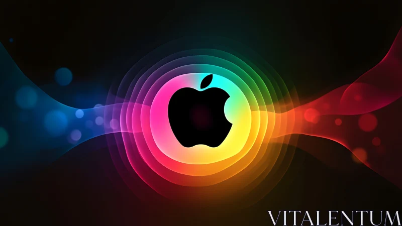 Iridescent radial waves encircle a silhouetted central emblem