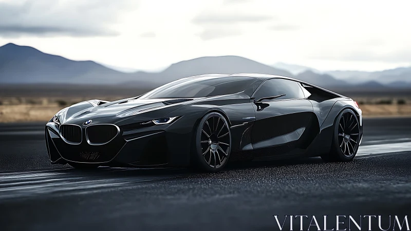 Sleek BMW supercar concept on wet desert highway at dusk.