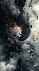 Swirling volcanic vortex amid fractured storm clouds.