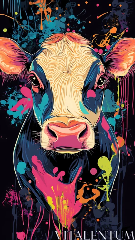 Neon-splashed cow stares through a galaxy of paint drips.