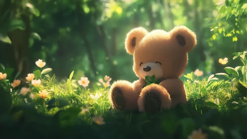 Backlit plush teddy bear rendered in soft-focus forest lighting