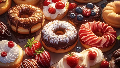 Colorful gourmet donuts display glistens under soft light