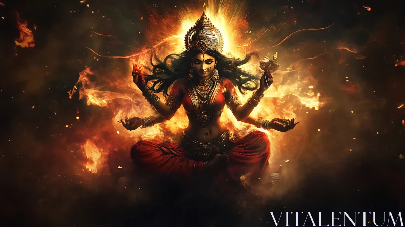 Radiant fire goddess in graceful, powerful meditation pose.