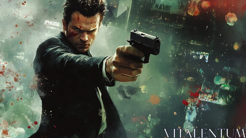 Gritty gunman illustration with urban chaos backdrop.