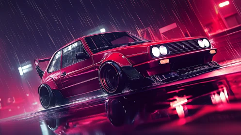 Neon rain turns a retro tuner hatchback into street lightning