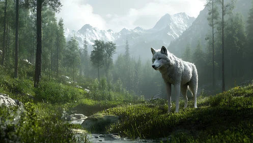 White wolf stands in sunlit alpine forest near shallow stream
