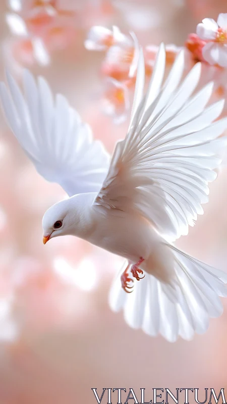 White dove in mid-flight against soft pink blossoms background.