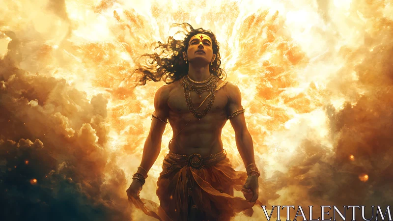 Mythic warrior ascends amid volumetric fiery cloud burst