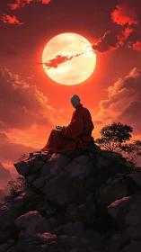 Sunset monk rests in quiet meditation atop glowing cliffs