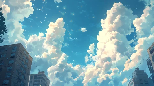 Sunlit cumulonimbus clouds over tranquil urban towers.