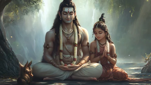 Serene guru and disciple in meditative forest light scattering