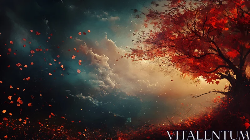 Red autumn tree against stormy sky with drifting leaves.