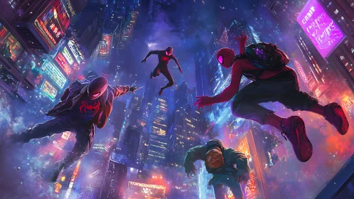 Spider-heroes leaping through neon-soaked multiverse skies.