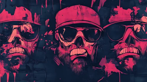 Three neon skull faces in caps and sunglasses on dark wall.