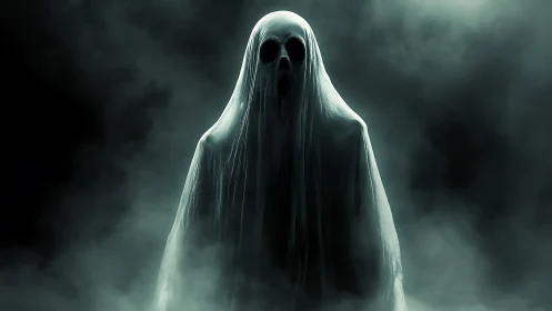 Eerie ghostly figure drifting through swirling shadowy mist.