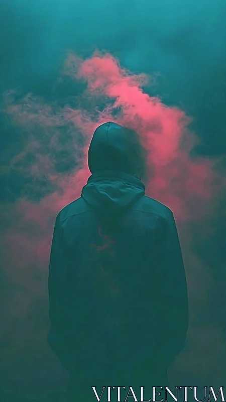 Hooded silhouette stands in neon fog under moody teal sky.