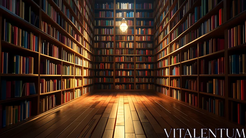 Grand wooden library corridor under warm pendant light.