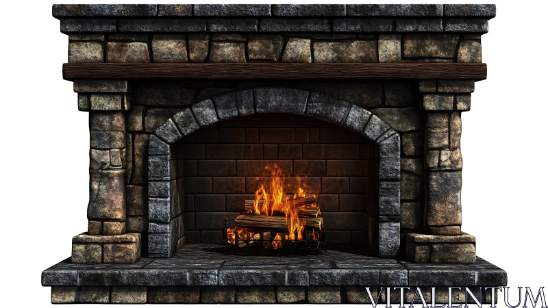 Architectural Stone Fireplace with Blazing Logs and Luminous Flames