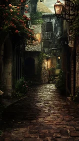 Twilight stroll through a flower-lined cobblestone alleyway.