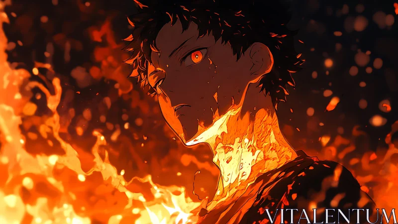Male anime figure surrounded by intense orange flames.