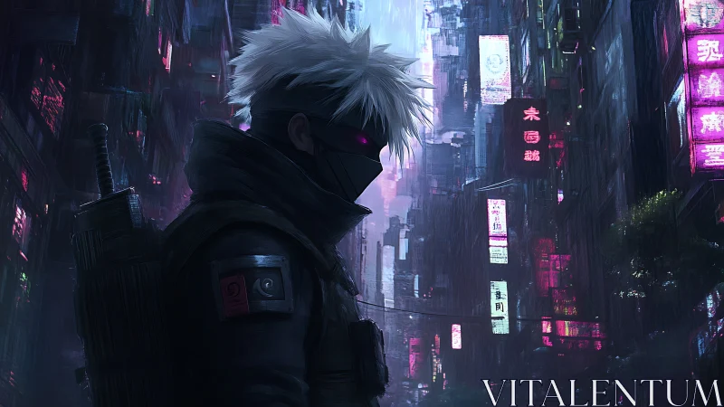 Neon-soaked ninja drifts through rain-slick cyber city